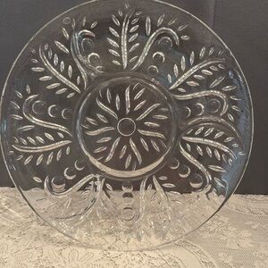Clear Pressed Glass Serving Platter with Leaf Motif. Possibly “Lorain” Pattern.